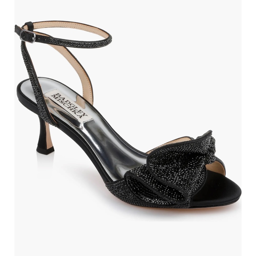 Badgley Mischka Black Crystal Ruffle Ankle-Strap Heels
